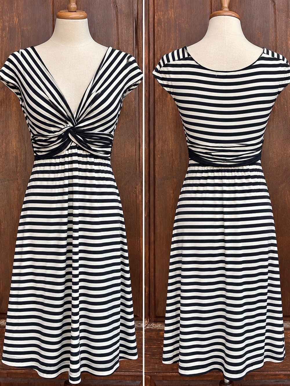Max Studio XS Black & Cream Striped Twist Front Fit & Flare Dress